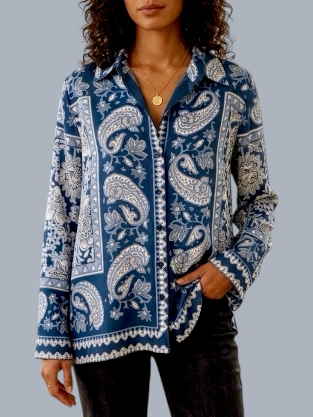 Rachel Zoe Blue and White Paisley Button-Up Blouse